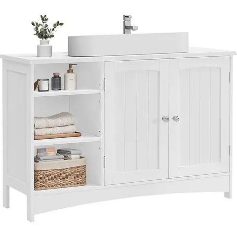 VASAGLE BBC410P31 Waschtischunterschrank Extra Lang 30 x 90 x 60 cm 2 Türen Badezimmer Schrank Offene Fächer Höhenverstellbare Regale Weiß