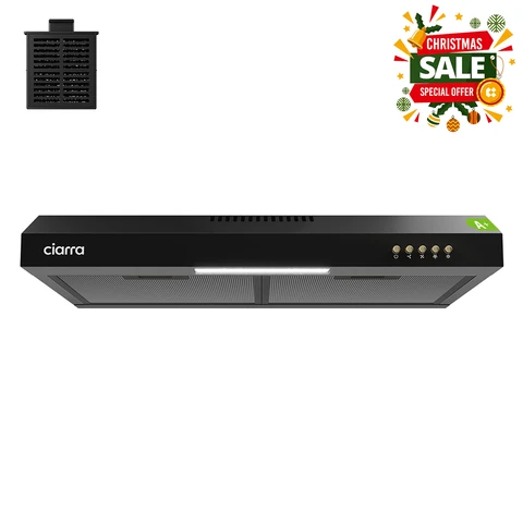 CIARRA Slimline 60 cm Cooker Hood for Cabinet Mounting – Black Housing, Compact Build, Dual Venting Option, Push-Button Control  