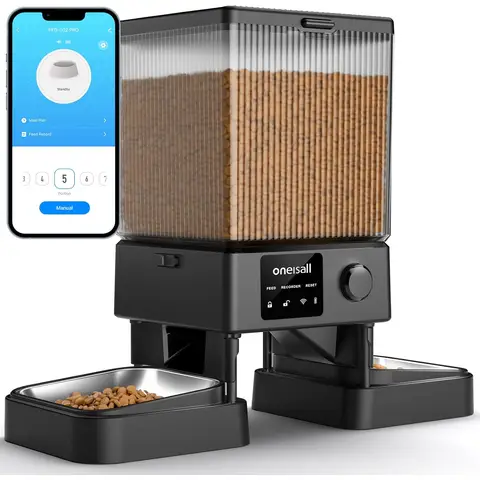 Oneisall Distributeur automatique de croquettes connecté avec 2 bols, 5 GHz/2,4 GHz - 5 L
