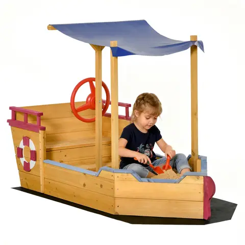 Outsunny Kids Wooden Sandpit, Children Sandbox Pirate Ship, Sandboat Play Station for Outdoor w/ Canopy Shade Storage Bench Bottom Liner