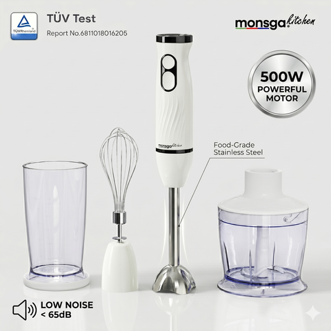 2-in-1 Hand Blender & Whisk Monsga S100, Ergonomic Stick Blender with Normal/Turbo Modes, Anti-Splash & Pan Protection, 500mL Chopper, 500mL Beaker, 1.5m Cable, Dishwasher Safe, Cream White