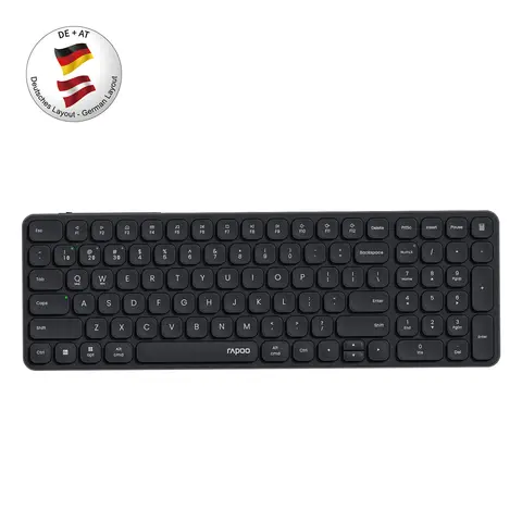 Rapoo E9710M Ultradünne Bluetooth-Tastatur, kompatibel mit bis zu 4 Systemen, 90 Tage Akkulaufzeit, kompaktes Layout mit Nummernblock, USB-C-Ladeanschluss, Aluminium-Oberseite – Deutsches Layout – Schwarz