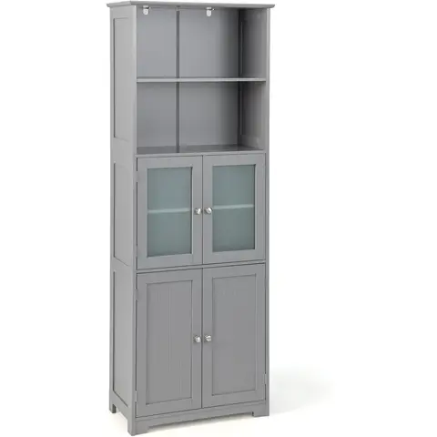 Costway Freestanding Storage Cabinet with Tempered Glass Door and Open Shelves-Grey