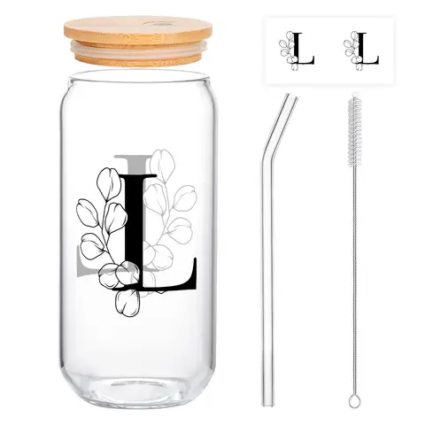 Alphynix 1 modernes Glas, 500ml hohes Eiskaffeeglas mit Monogramm "L"-Design, Bambusdeckel & Strohhalm, Kaltgetränkebecher für Eistee, Saft, Boba,Geschenk zum valentinstag, geschenk zum geburtstag