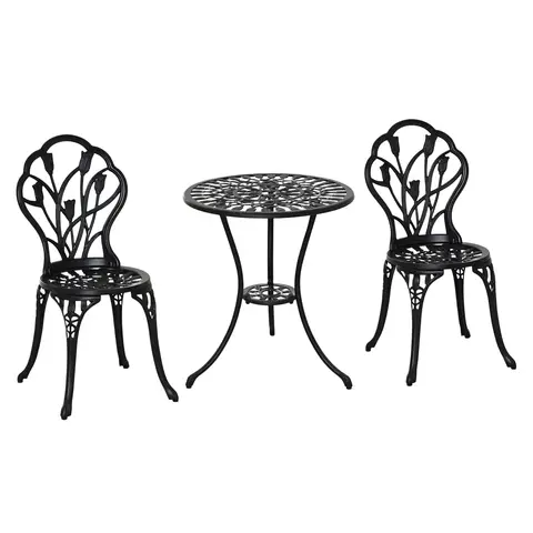 Outsunny 3 Piece Patio Bistro Set, Outdoor Aluminium Garden Table and Chairs with Umbrella Hole for Balcony, Black
