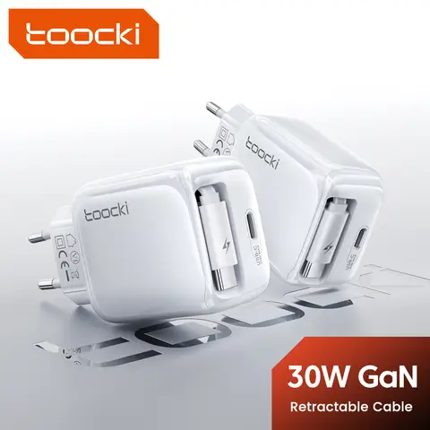 Toocki Chargeur mural rétractable 2-en-1 30 W, chargeur ultra-rapide, bloc de charge USB-C avec câble USB-C et 1 port USB, pour iPhone 17 Pro Max Air, MacBook Air, iPad Pro, Galaxy S25, Pixel 10 Pro, ordinateurs portables