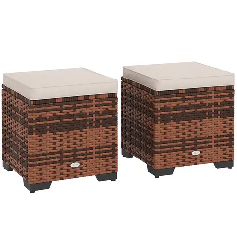 Outsunny Set of 2 Rattan Storage Ottoman, Outdoor Footstool with Removable Cushions, Garden Storage Seat for Balcony, Porch, 