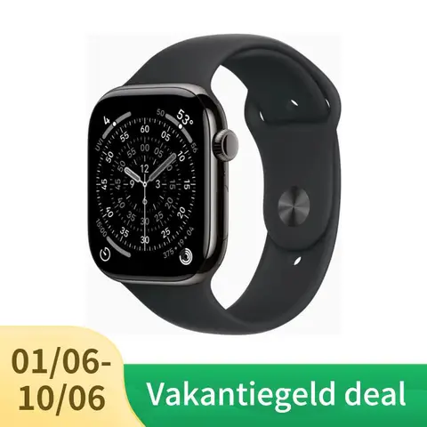 Apple Watch Series 11 GPS + mobiel netwerk, 46 mm, slate titanium behuizing met zwarte sportband - S/M