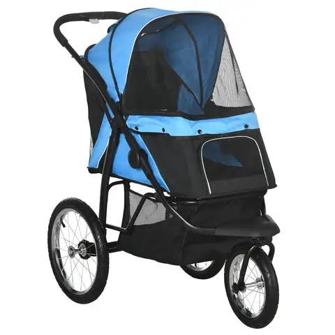 PawHut Dog Pram, Dog Stroller Jogger Foldable Pet Pushchair for Medium, Small Breeds, w/ Rubber Wheels, Washable Cushion Blue