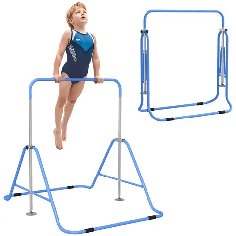 HOMCOM Kids Gymnastic Bar, Foldable Horizontal Bars w/ Adjustable Height, Training Bar w/ Triangle Base Blue