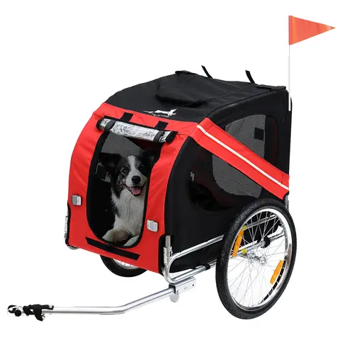 PawHut Folding Dog Bike Trailer Pet Cart Carrier for Bicycle Travel with Hitch Coupler in Steel Frame Red