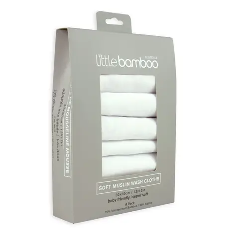 Little Bamboo Muslin Baby Wash Cloths 6 Pack Natural White