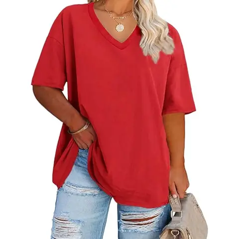 Women's Plus Size V Neck T Shirts Summer Half Sleeve Oversized Tees Casual Loose Fit Tunic Tops (red, XXL)