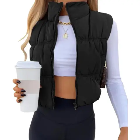 Women's Crop Puffer Vest Winter Zip Up Lightweight Sleeveless Warm Outerwear Padded Coat (black, S)