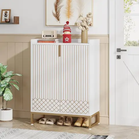 tribesigns Moderner Schuhschrank mit Türen, 5-stufiger moderner Schuhregal-Organizer, Gold & Weiß