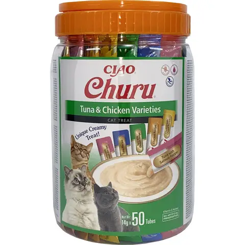 Inaba Churu Flüssigfutter-Tütchen für Katzen, Multipack mit Thunfisch- und Hühnerfleischgeschmack, Großpackung, 50 Tütchen, kalorienarm, Gewichtsverwaltung, Hydrations-Snack