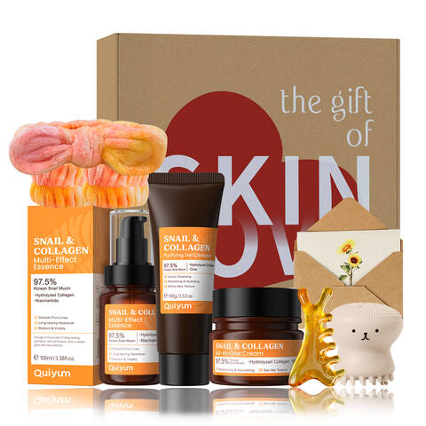 QUIYUM Korean Snail Collagen Skincare Set (6pcs): Includes Cleanser 100g, Toner 100ml, Face Cream 50g, with a Massage Comb, Headband, and Cleansing Brush.