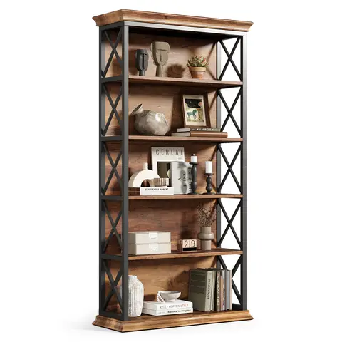 tribesigns 5-Tier Bookshelf, 180 cm Industrial-Style Bookshelf/Cabinet, Floorstanding 5-Tier Display & Storage Shelf, Tall Bookshelf for Home Office, Living Room, Bedroom, Brown & Black