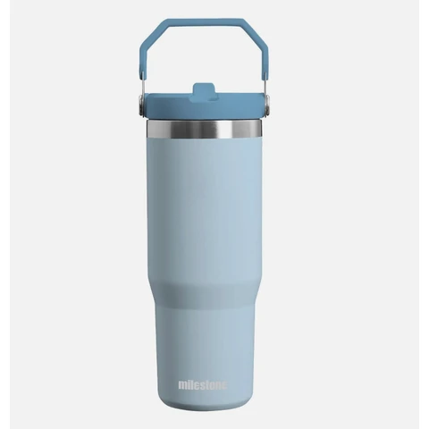 Milestone Travel Mug with Flip Straw Stainless Steel Double Walled Blue 890ml