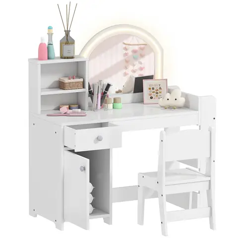AIYAPLAY Kids Vanity Table and Chair Set, Girls Dressing Table with 2-Colour LED Mirror, Stool, Cabinet, Drawer, shelf White