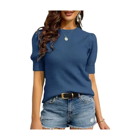 Women's Puff Short Sleeve Sweaters Pullover Shirt Tops Crew Neck Lightweight Knit Sweater Blouses (darkblue, S)