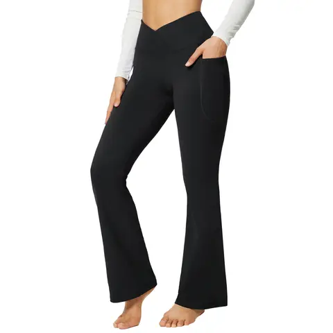 baleaf Women's Flared Leggings Yoga Pants with Pockets Bootcut Trousers Crossover High Waisted Workout Black 32" M
