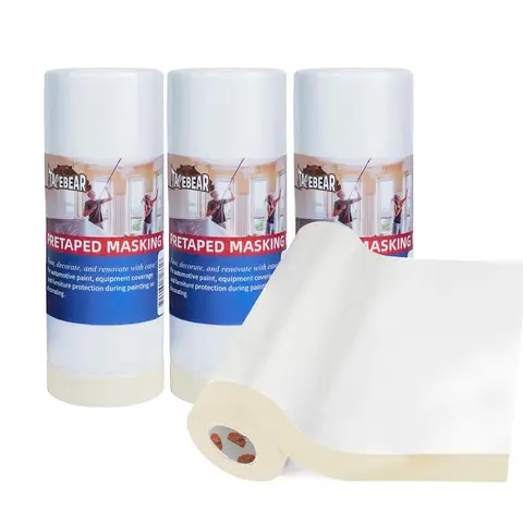 TAPEBEAR Upgrade Pre-Taped Masking Film Extra Thick, High Temp Tape and Drape 22" x 90', Plastic Cover for
Automotive, Painting, Plastic Sheeting Masking Tape Film for Auto, floor,
Furniture, 4rolls