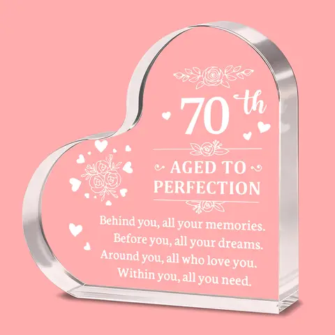 Alphynix 1pc 70th Birthday Crystal Heart, "AGED TO PERFECTION" Keepsake with Full Blessing Poem, Memorial Gift for 70th Birthday Celebration