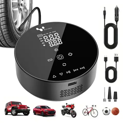 4500mAh Dual-Power Wireless Car Tire Inflator – Portable Air Compressor with Bluetooth Speaker, Power Bank & LED Light