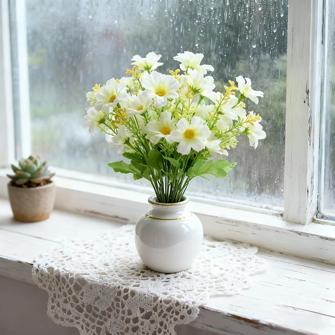 Yuejia 4pcs 11.02in/28cmArtificial Daisy Mums Flowers Outdoor Plants Fake Silk Flowers No Fade Greenery Shrubs Home Wedding Office Garden Porch Décor(white)