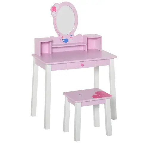 HOMCOM 2 PCS Kids Wooden Dressing Table and Stool Girls Vanity Table Makeup Table Set with Mirror Drawers Role Play Toy for Toddlers Age 3 Years +, Pink and White