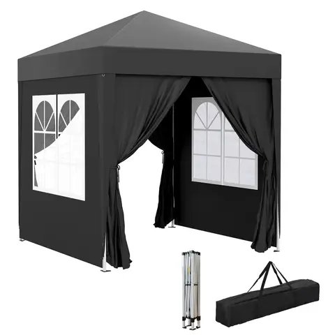 Outsunny 2 x 2 m Garden Pop Up Gazebo, Wedding Party Tent Marquee, Water Resistant Awning Canopy with Sidewalls, Windows, Carry Bag, Black