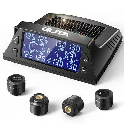 GUTA RV/Trailer Tire Pressure Monitoring System with 4 Sensors, 0–188PSI TPMS, Solar Charging, 6 Alarm Modes, Automatic Sleep Mode, LCD Display, Suitable for Tire Pressure Monitoring System for RVs/Trailers/Semi-Trailers, GT40+4GS02