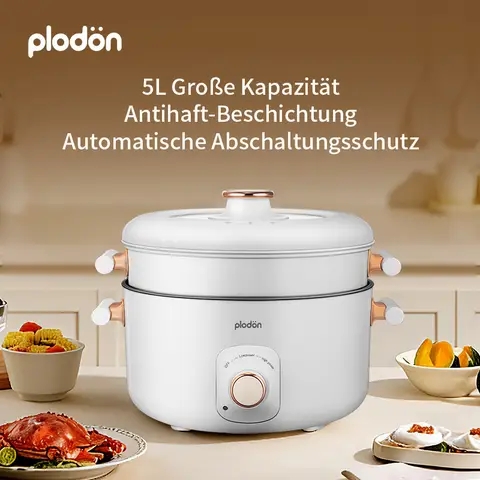 Plodon 1200 W 5 L Multifunktions-Elektro-Hotpot mit Dampfgarer, antihaftbeschichtete Kochtopf für Stir-fry, Schmoren und Dampfgarer