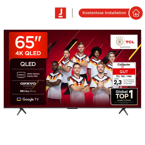 TCL 65T8C 65 Zoll QLED 4K HDR UHD Fernseher, Smart Google TV Dolby Vision Atmos,144Hz Motion Clarity Pro, Game Bar, ALLM, FreeSync, Onkyo 2.1 Sound, Sprachsteuerung, Kompatibel mit Google Assistant