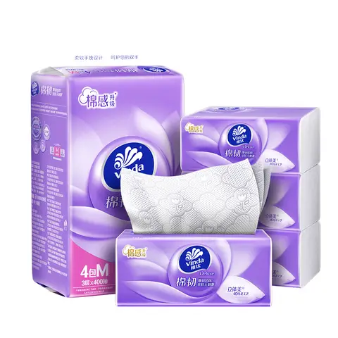 Vinda Cotton Soft & Strong Facial Tissues, 3-Ply, Size M, 100 Sheets per Pack, 4 Packs per Bundle