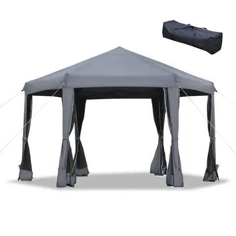Outsunny 3.8m x 3.2m Pop Up Gazebo Hexagonal Canopy Tent Outdoor Sun Protection with 6 Mesh Sidewalls, Hand Bag, Grey
