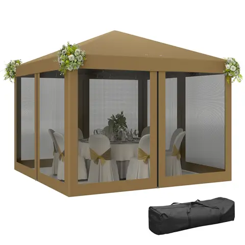 Outsunny 3 x 3 m Pop Up Gazebo, 420D Garden Tent Canopy with Removable Mesh Sidewall Netting, Carry Bag for Garden Patio Outdoor, Khaki