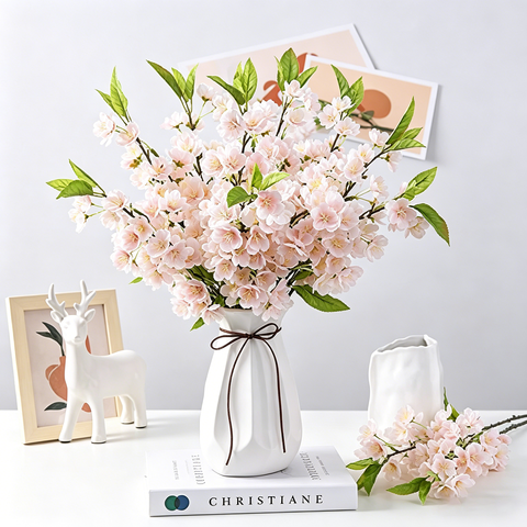 Yuejia 4Pcs 20in/50.8cmArtificial White Pink Cherry Blossom Flowers Artificial Peach Blossom Flower Silk Cherry Blossom Branches with Leaves White Plum Blossom Flowers for Wedding Home Indoor Outdoor Decor