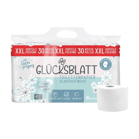 Glücksblatt Toilettenpapier, 3‑lagig, Weiß mit Prägung, 30 Rollen à 150 Blatt, Hergestellt in Deutschland.