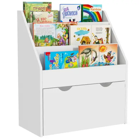 AIYAPLAY Kids Bookshelf, Bookcase Toy Storage Organiser with 3 Tier Shelves, Drawer, for Bedroom, Nursery, Playroom, Classroom, White