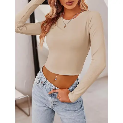 Women Crop Tops Long Sleeve Ribbed Slim fit Workout Cropped Tee Y2K Short T-Shirts (apricot， S)