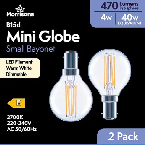 MORRISONS LED MINI GLOBE 470 LUMENS SBC 4W DIMMABLE 2PK