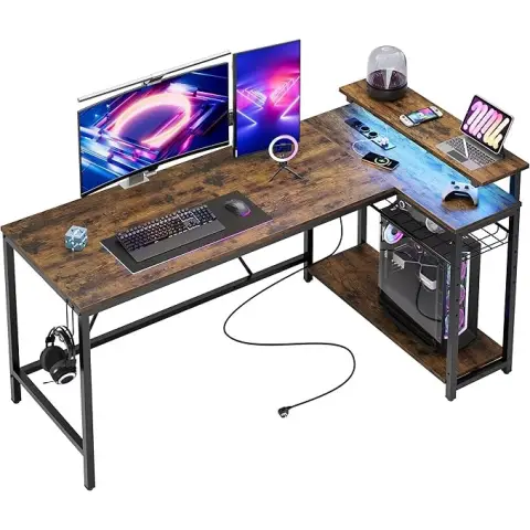 Bestier 58" L-förmiger Schreibtisch mit Steckdosen & LED-Beleuchtung, umkehrbarer Eckschreibtisch mit Regalen, großer PC-Arbeitsplatz mit Haken für das Home-Office und das Schlafzimmer