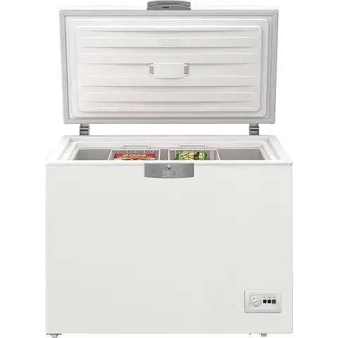 Beko HSM22340 Gefriertruhe, 230 L Nutzvolumen, 2 Gefrierkörbe, Temperaturalarm, abschließbar, LED-Anzeigesystem, Innenbeleuchtung, 35 dB (A), Transportrollen, Weiß