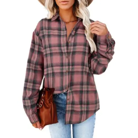 Women's Long Sleeve Plaid Shirts Flannel Collared Button Down Shacket Casual Rolled Up Boyfriend Blouse Tops (pink, L)