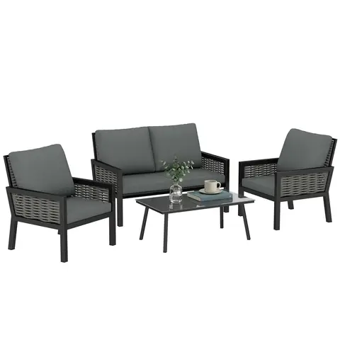 Outsunny 4 Seater Rattan Garden Furniture Set with 2 Armchairs, Loveseat, Coffee Table, Garden Sofa Set with Cushions, Outdoor Furniture Conversation Sets for Patio, Dark Grey