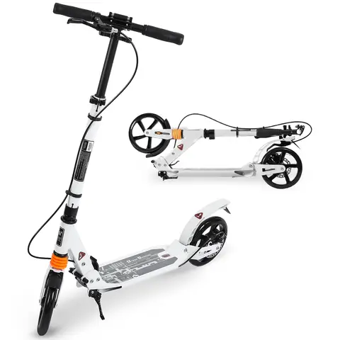 Scooter with 200mm PU Wheels, Adjustable Height, Max Weight Capacity 100kg, Suitable for Ages 10 and Above, for All Ages and Use, White