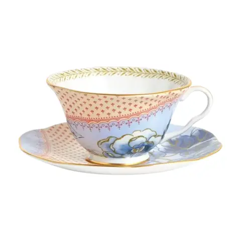 WEDGWOOD Butterfly Bloom Fein Bone China Tasse & Untertasse Set mit 22K Goldrand, Blaue Pfingstrose Blumenmuster - Bunt
