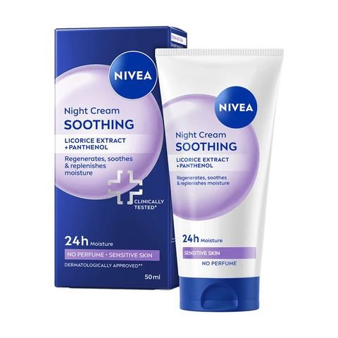 NIVEA Verzachtende Nachtcrème - Gevoelige huid - Ongeparfumeerd en PH-neutraal - Met Zoethoutextract en Druivenpitolie - 50 ml